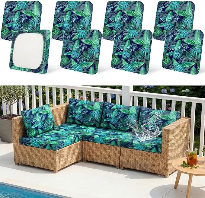 8 Pack Outdoor Cushion Covers Water Resistant High Stretch Fit Patio Cushion Covers 180g Couch Seat Slipcovers Machine Washable Pet & Kids Friendly Home Refresh 20-27 Inch, Palm Leaves