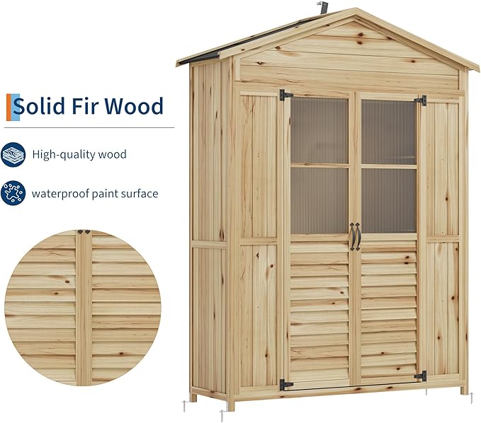 GarveeLife Patio Storage Shed Wooden, Outdoor Storage Cabinet with Weather-Resistant Roof, Garden Tools Shed with 6 Movable Shelves, Waterproof Roof, 4 Metal Stakes, 2 Anti-Falling Devices