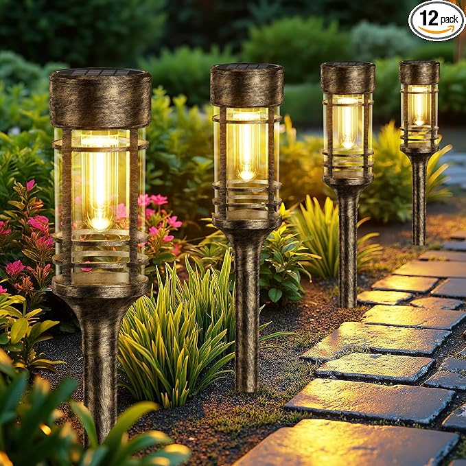 LETMY 12 Pack Brown Solar Pathway Lights Outdoor, Bright Solar Lights Outdoor Waterproof IP65, Solar Garden Lights Outdoor for Yard Walkway Driveway Landscape Garden Decor (Bronze)