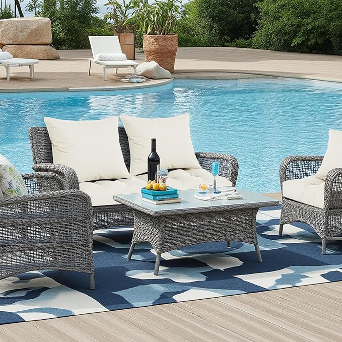 22x22 Waterproof Outdoor Chair Cushions Set of 2, Patio Cushions for Outdoor Furniture Water-Resistant & Fade-Resistant, Deep Seat & Back Cushion for Wicker Sofa (Cream)