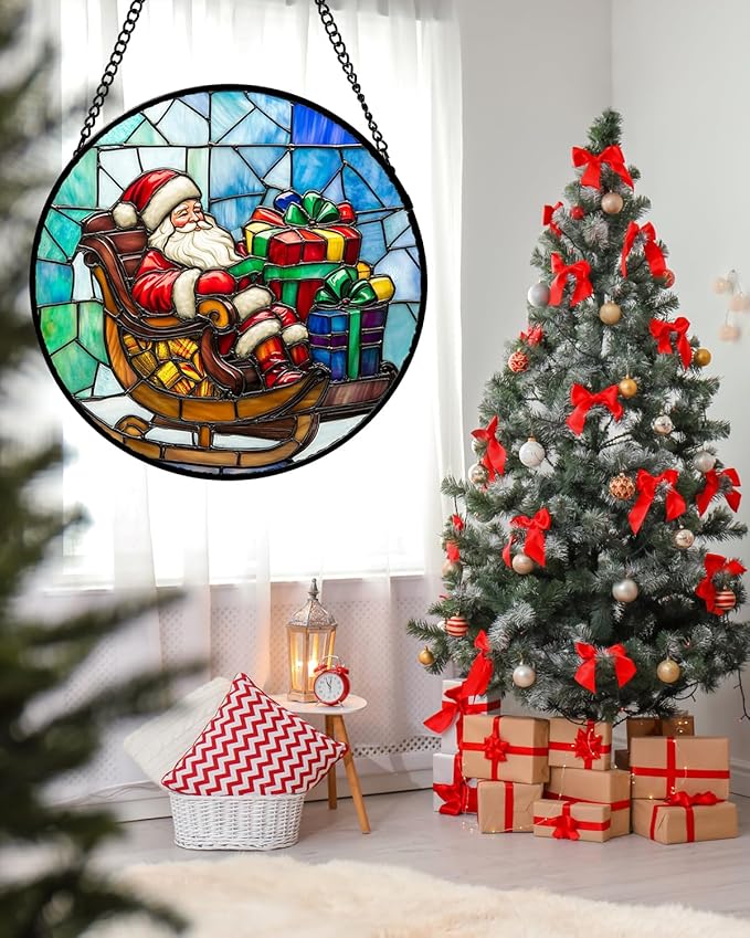 DASTOLL Stained Glass Window Hanging - Santa Claus Gift BoxSuncatcher for Doors Home Christmas Decoration Winter Sun Catcher Thanksgiving New Year Birthday Gift for Women Men Mom Nana 9.8 in