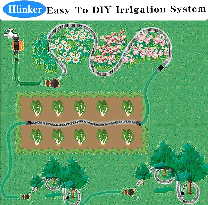 Hlinker Flat Soaker Hose 25 FT for Garden Beds, 25Ft 1/2" Linkable Consistent Drip Irrigation Hose Save 80% Water, Leakproof Heavy Duty Double Layer Sprinkler Hose