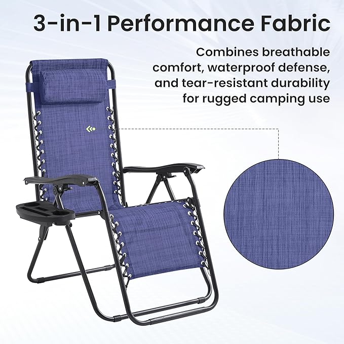 Zero Gravity Chair Set of 2 Oversized Folding Recliner, Padded Anti Gravity Lounge Chair with Adjustable Pillow & Cup Holder for Outdoor Camping, Patio, Poolside, Lawn (Blue)