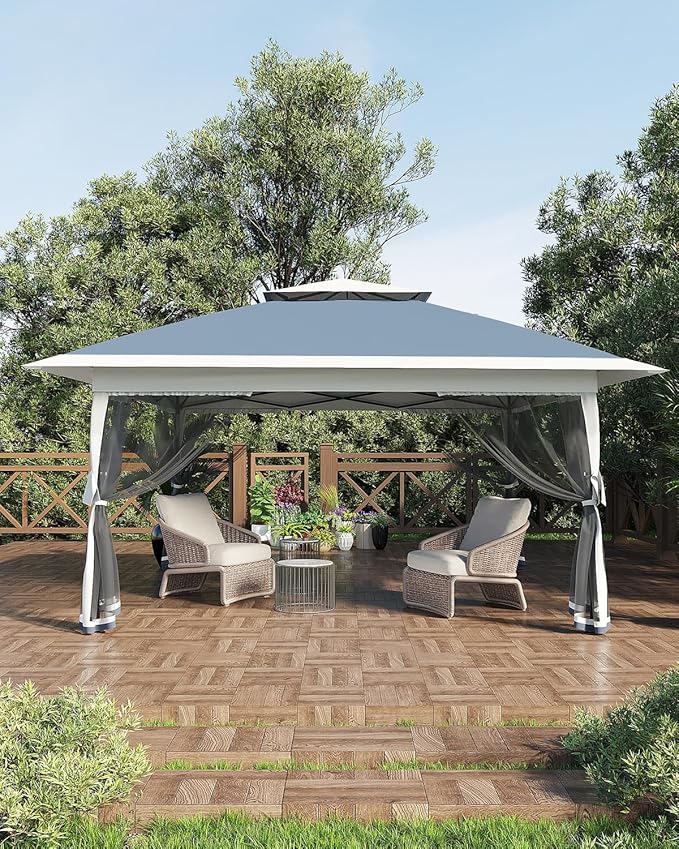 GarveeLife Canopy Tent 13x13 ft, Pop Up Gazebo One-Push Setup with 4 SandBags for Backyard Parties and BBQs, Mosquito Netting & Height Adjustable - Navy Blue