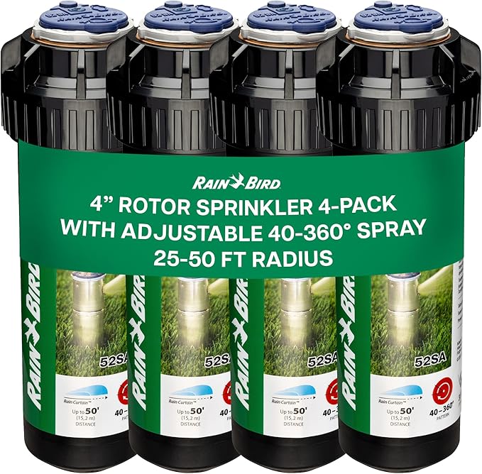 Rain Bird 52SA Premium Gear Drive Rotor Sprinkler Head, 4 Pack - Stainless Steel Shaft for Longer Life - 4 inch Pop Up Lawn Sprinkler with 3/4 inch Inlet, Adjustable 40-360 Degree Arc, 25-50 ft Radius