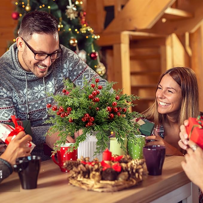 Watayo 60 Pcs Christmas Artificial Pine Branches with Red Berry Stems, 10.5" Faux Evergreen Norfolk Pine Cypress Leaves Stems, Fake Foliage Pine Needles Picks for DIY Craft Garland Home Decor