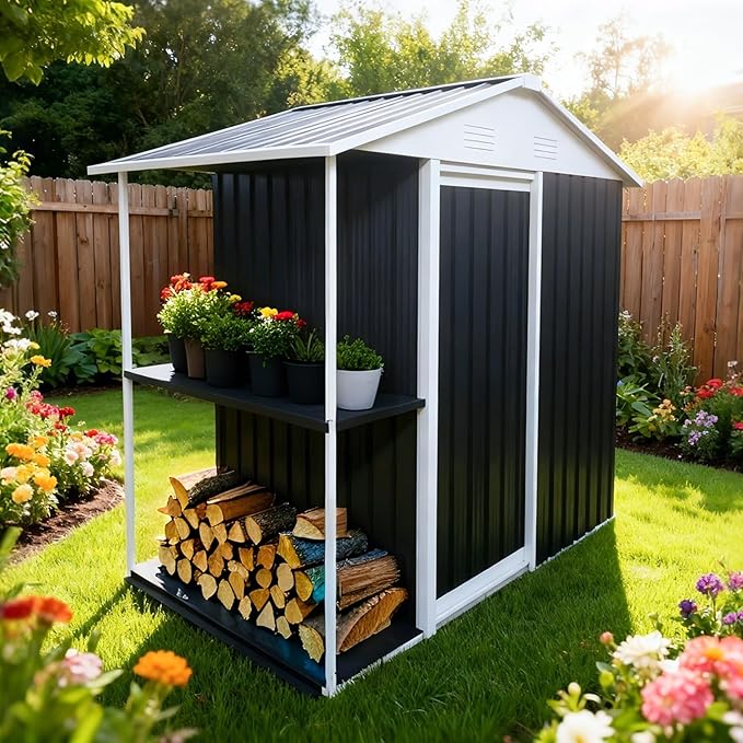 KEIKI 6x4 FT Outdoor Storage Shed with Rack, Metal Garden Shed with Storage Shelves, Bike Storage Tool Cabinet Box for Lawn, Backyard, Patio