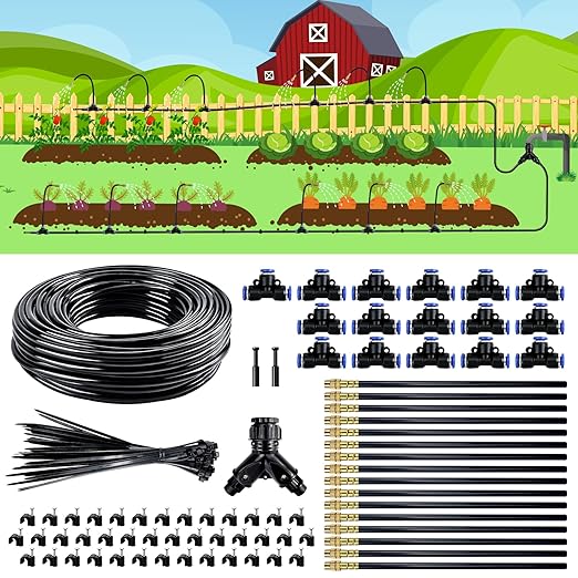 Drip Irrigation System,100 Ft Quick-Connect Garden Sprinkler Kit with 16pcs 360° Adjustable Nozzles for Garden, Lawn, Greenhouse, Raised Beds & Outdoor Plants