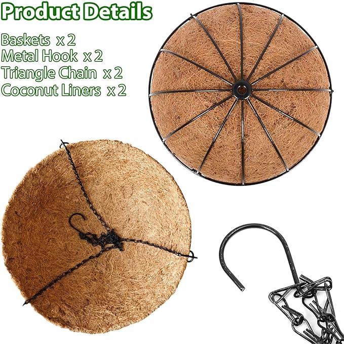 LCHUANG Hanging Baskets Planter for Plants - 2 Pack 12 Inch Metal Baskets with Coco Coir Liner, Hanging Flower Pots for Outside with Chain, Indoor Outdoor Garden Porch Decoration (12'' Pack of 2)