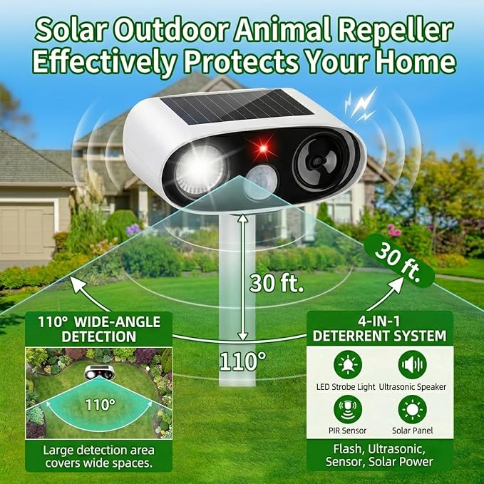 4Pack Solar Animal Repellent Outdoor,Ultrasonic Animal Deterrent with Flash Light,Waterproof Ultrasonic Deer Repeller&Cat Repellent Devices for Garden Yard,Control Rabbit Raccoon Dog Squirrel