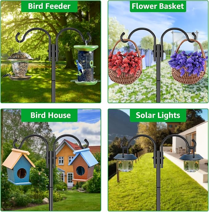 GOFORWILD Double Shepherds Hook for Outdoor, with 5-Prong Base, 84inch Adjustable Metal Bird Feeder Pole for Hanging Bird Nest, Plant Basket,Lantern,Solar Light 1 Pack