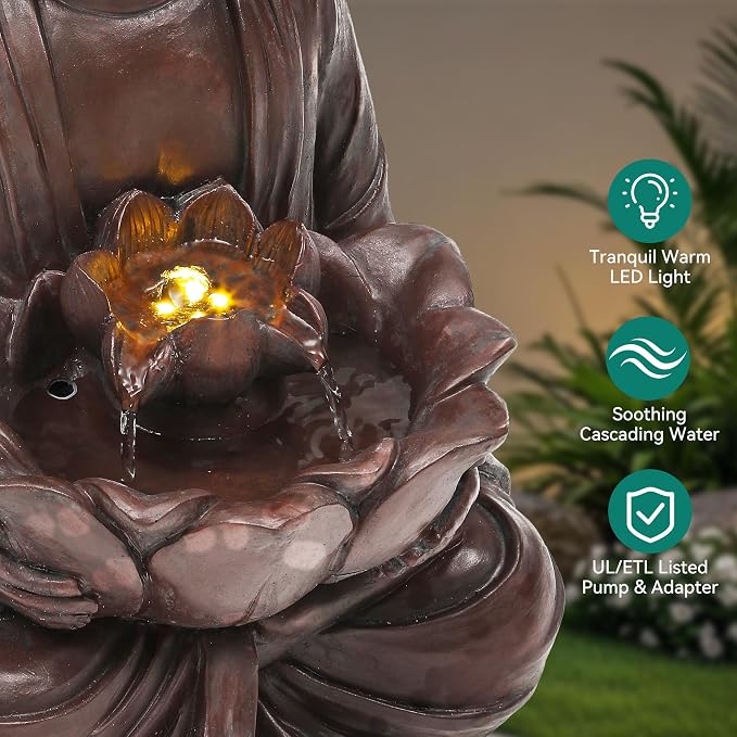 AUTODAYA 18.9" H Buddha Outdoor Water Fountain, Zen Style Garden Fountain with LED Lights and Pump, Relaxing Waterfall for Patio, Porch, or Yard Decor, Faux Bronze