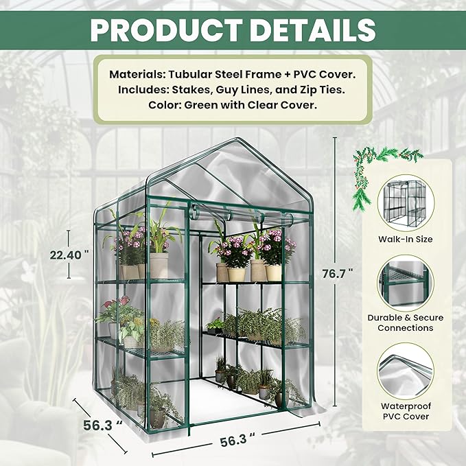 Greenhouse - Walk in Greenhouse with 8 Sturdy Shelves and PVC Cover for Indoor or Outdoor Use - 56 x 56 x 76-Inch Green House by Pure Garden