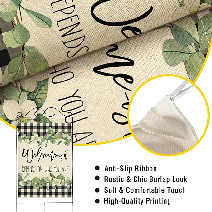 Artofy Welcome-ish Depends on Who You Are Large Decorative House Flag, Funny Family Buffalo Plaid Botanical Yard Garden Outside Decor, Humorous Burlap Outdoor Home Decoration Double Sided 28 x 40
