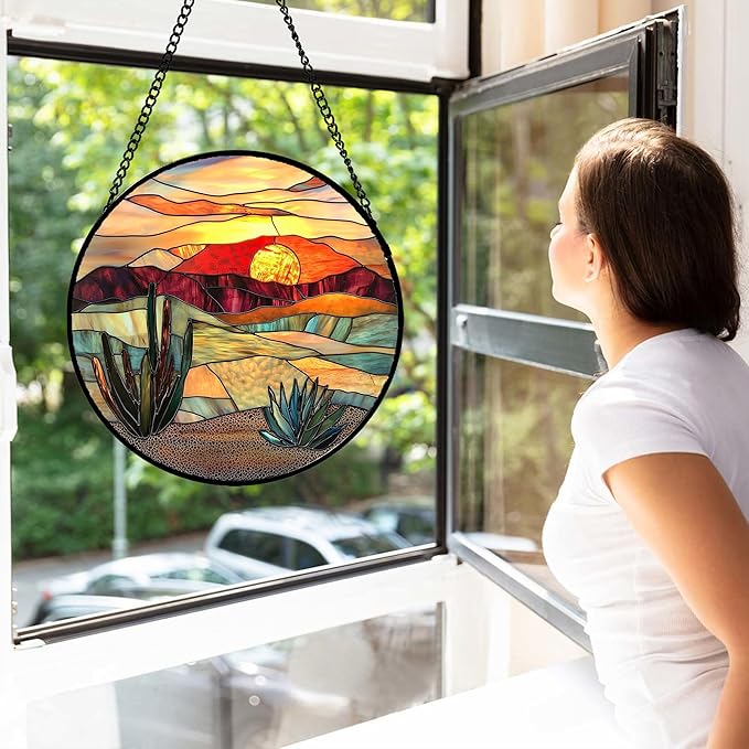 DASTOLL Stained Glass Window Hanging, Golden Landscape Dusk Sunset Suncatcher for Doors Window Home Cactus Sun Catchers Decoration Mother's Day Birthday Gifts for Women, Men, and Mom 6.3 in