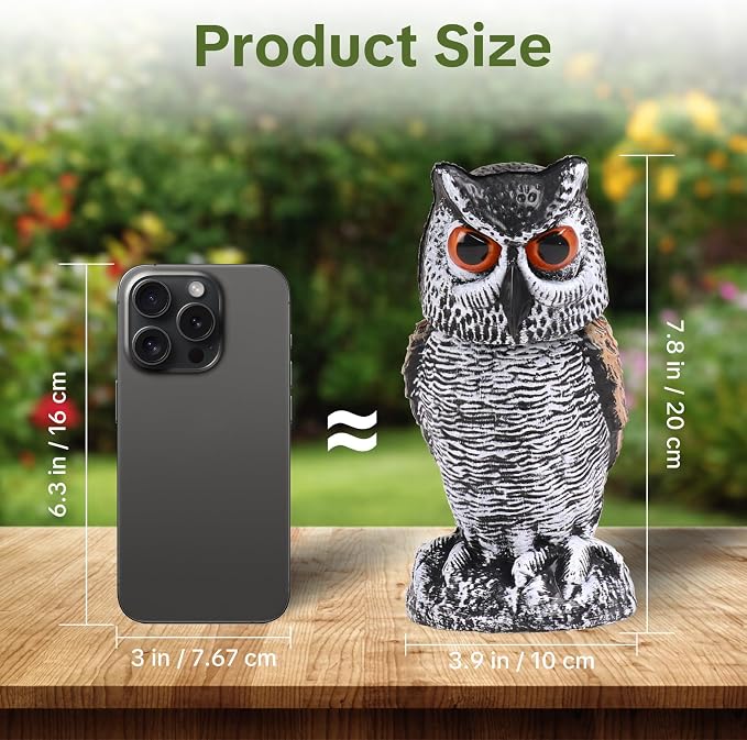OFFO 3 Pack Fake Owl, Owl Statue for Garden and Yard Decoration, Weatherproof Plastic Rotating Head Outdoor Owl Decor for Porch Pool Patio Yard, 8-Inch Height, Round + Long + Short Ear Owl