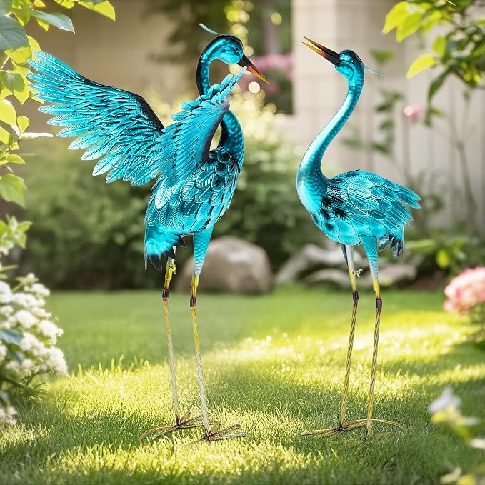36.8" Metal Crane Garden Statue, Oversized Heron Yard Decor | Handcrafted with 3DTexture, Hand-Painted, U-ground Stakes for Stability, Weather Resistant Iron, Backyard Lawn Pond Patio