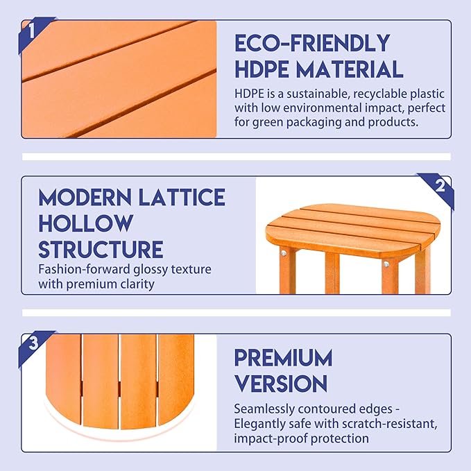 LZRS 2-Tier Patio Side Table, Heavy Duty HDPE Outdoor End Table with Wood Texture, Weatherproof Composite Table for Adirondack Chairs, Deck, Pool, Indoor/Outdoor, No Peeling Cracking(Orange)