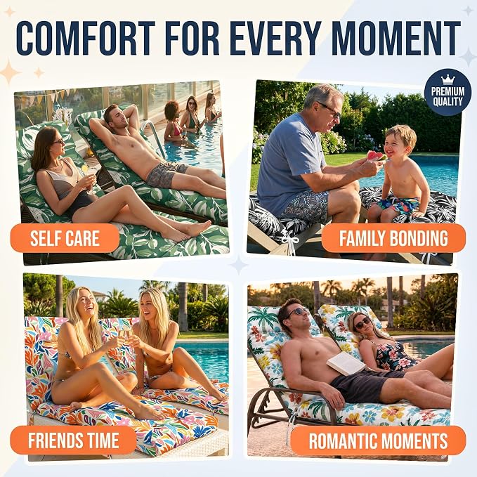 MAGIC ELEPHANT Chaise Lounge Cushion Outdoor, Memory Foam Patio Lounge Chair Cushion with Ties for Indoor Outdoor Furniture, Water-Repellent Replacement Long Chair Cushion (Black Monstera)