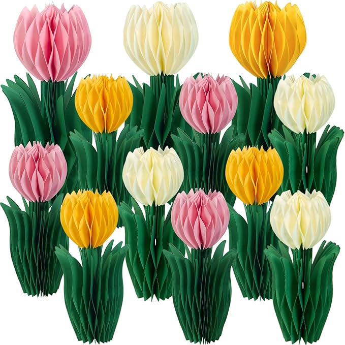 12 Pcs Tulip Honeycomb Decorations, Spring Decorations for Office, Table Decor, Tulip Party Decorations, Spring Centerpieces for Tables for Mothers Day Party, Womens Day