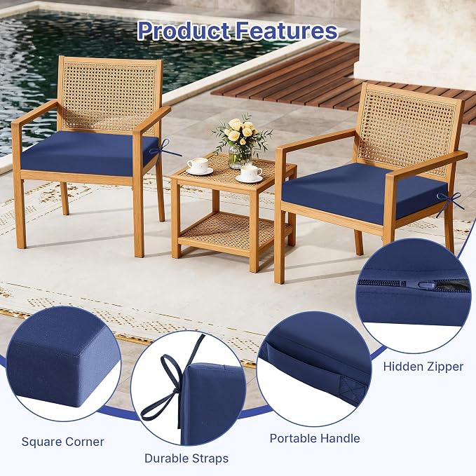 Waterproof Patio Chair Cushions Set of 4, 19 x 19 x 3 Inch Outdoor Seat Cushions for Patio Furniture with Handle and Ties, 3 Year Color Fastness Square Garden Sofa Couch Pads, Dark Blue