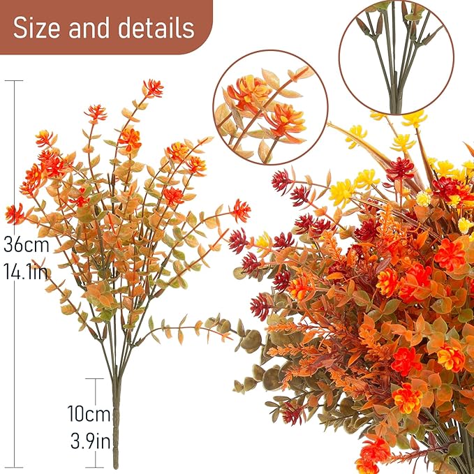 Hananona 24 Pcs Artificial Fall Flowers Outdoor, Faux Artificial Plants UV Resistant Plastic Autumn Flower for Hanging Planter Front Door Porch Window Home Decor (24, Orange)