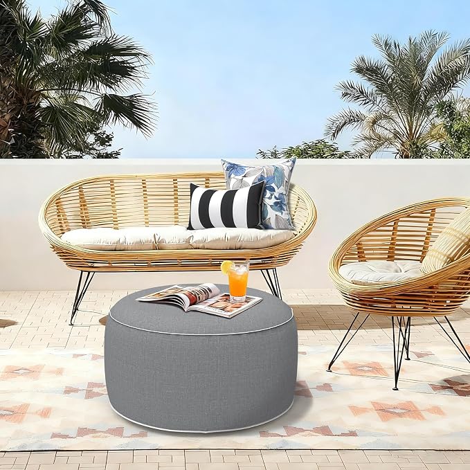 LVTXIII Inflatable Stool Ottoman Footrest with Handle, All Weather Footrest Seat, Indoor or Outdoor Pouf for Home Patio Garden and Camping Use, D31 xH14, Large Round, Grey Texture