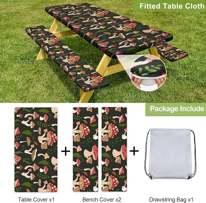 Play Tailor Picnic Table Cover with Bench Covers Camping Essentials Waterproof Windproof Camping Tablecloth with Drawstring Bag, Fitted Rectangle Tables and Seats, 72in, Black Red