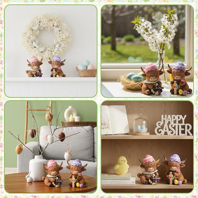 Simgoing 2 Pack Easter Highland Cow Figurines, He is Risen Figurines Highland Cow Decor Spring Home Table Decorations with Egg and Cross Calf Lovers Easter Gifts for Holiday Centerpieces Ornament