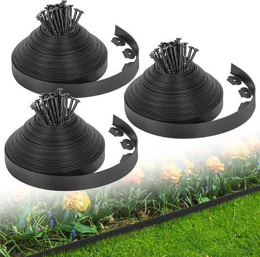 2-Inch x 200 FT Landscape Edging Border with 300 Stakes, Plastic Garden Edging Border Kit, Flexible No Dig Lawn Edging Border for Garden Flower Beds Yard Pathway Paver (Black)