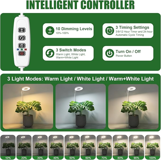 White Grow Lights for Indoor Plants Full Spectrum, 48 LEDs Plant Light for Indoor Plants, Height Adjustable, Small Halo Growing Lamp with Base, Auto Timer 3/9/12H, 3 Light Spectrums,10 Brightness