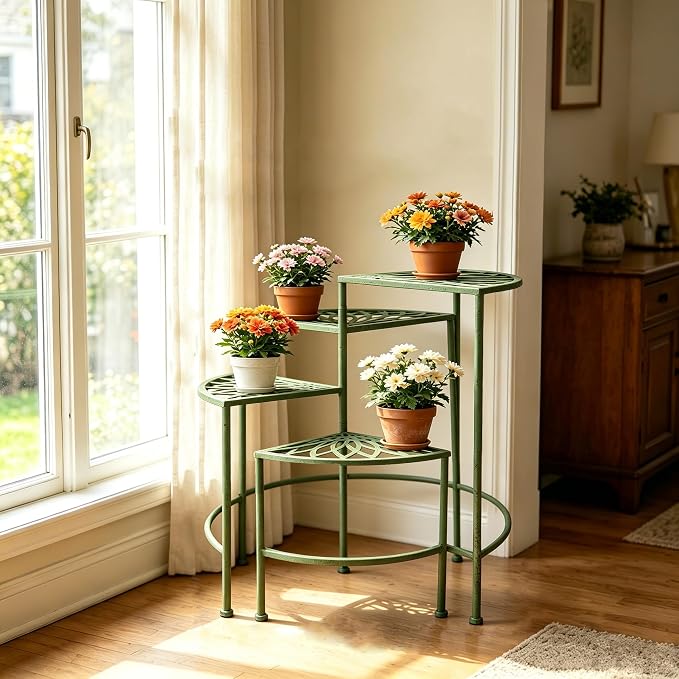 Rustic 4 - Tier Metal Plant Stand - Foldable Distressed Green Corner Plant Rack, Vintage Flower Pot Holder Shelves for Patio Porch Garden Balcony Living Room Use, Indoor/Outdoor Home Decor (Green)