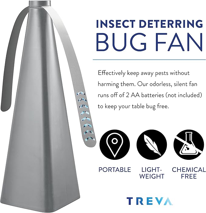 Treva Bug Fan, Fly Deterrent with Holographic Blades to Clear Bugs, Mosquitoes, and Flies, Battery Powered Fly Fan, Silver (2 Pack)