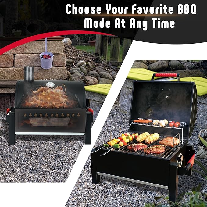 Feasto Portable Tabletop Charcoal Grill, 354 sq.in Cooking Area | with Cast Iron Grates & Temp Gauge, Small BBQ Grill for Camping, Picnic, RV, Outdoor Patio, Grey