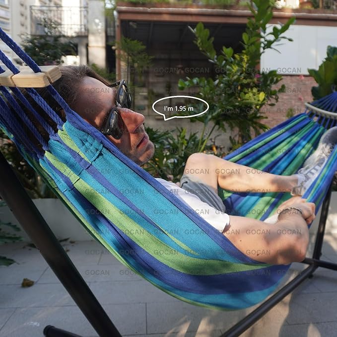 GOCAN Double Hammock 2 Person Extra Large 220x160cm Total Length 330cm Load 500lb Canvas Cotton Hammock for Patio Porch Garden Backyard Lounging Outdoor and Indoor with Removable Spreader bar