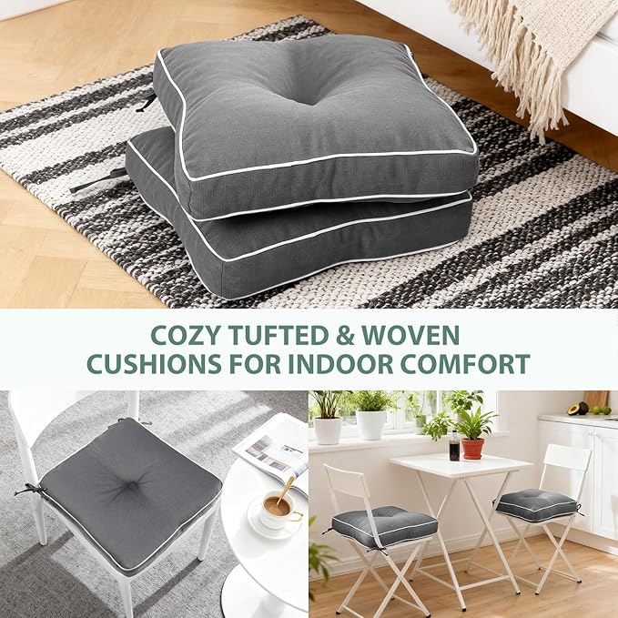 Favoyard Patio Chair Cushions 17 × 17 Inch Water Resistant & 3-Year Color Fastness Outdoor Chairs Cushion for Seat Dining Rocking Wicker Chair Cushion with Tie Straps Tufted Square Pads, Grey, 2 Pack