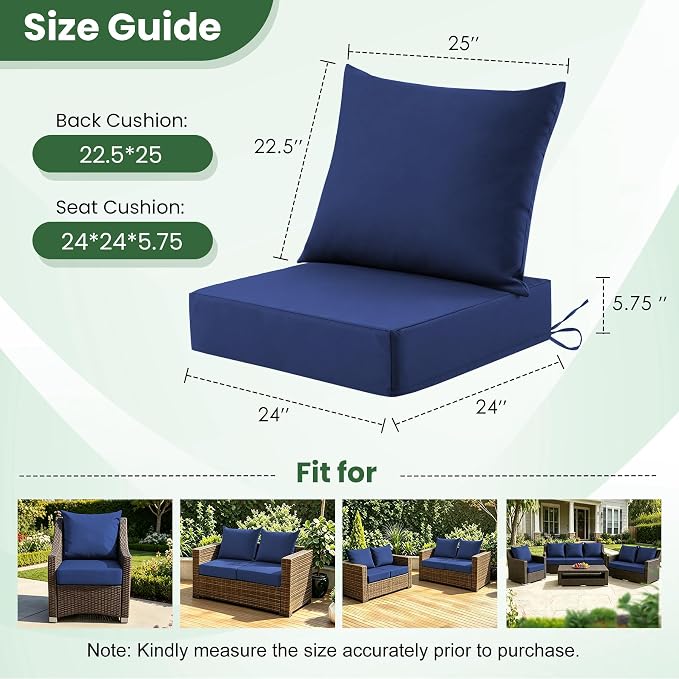 Patio Cushions for Outdoor Furniture, 24x24 Outdoor Couch Cushions, Waterproof & Fade-Resistant Patio Chair Cushions with Removable Cover, Replacement Outdoor Deep Seat Cushion, Navy Blue (Set of 1)