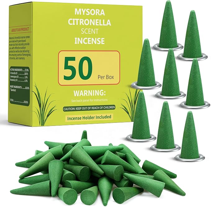 200 Pcs Mosquito Repellent Incense Cones with 8 Metal Dishes, Natural Citronella Incense Cone for Outdoor & Indoor, Suitable for Camping, Hiking, Patio, Poolside, Living Room