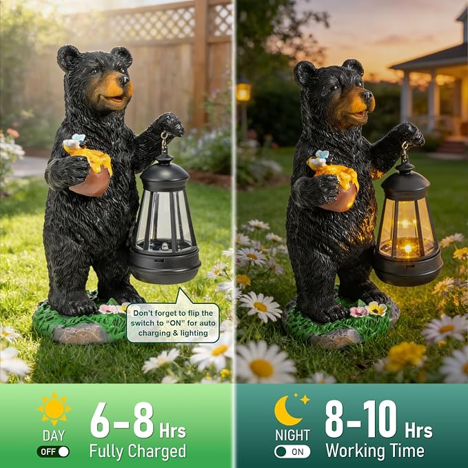 Pohabery Solar Bear Garden Statue with Lantern, Resin Bear Figurine for Outdoor Yard Lawn Porch Pathway Decor