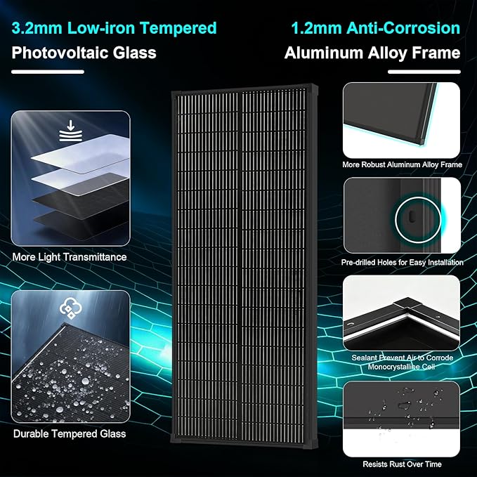 100 Watt Solar Panel,18BB N-Type 18V 100W Solar Panel, 25% High Efficiency Monocrystalline PV Modules IP68 Waterproof for RV, Marine, Rooftop, Farm, Trailer, Home Off-Grid System