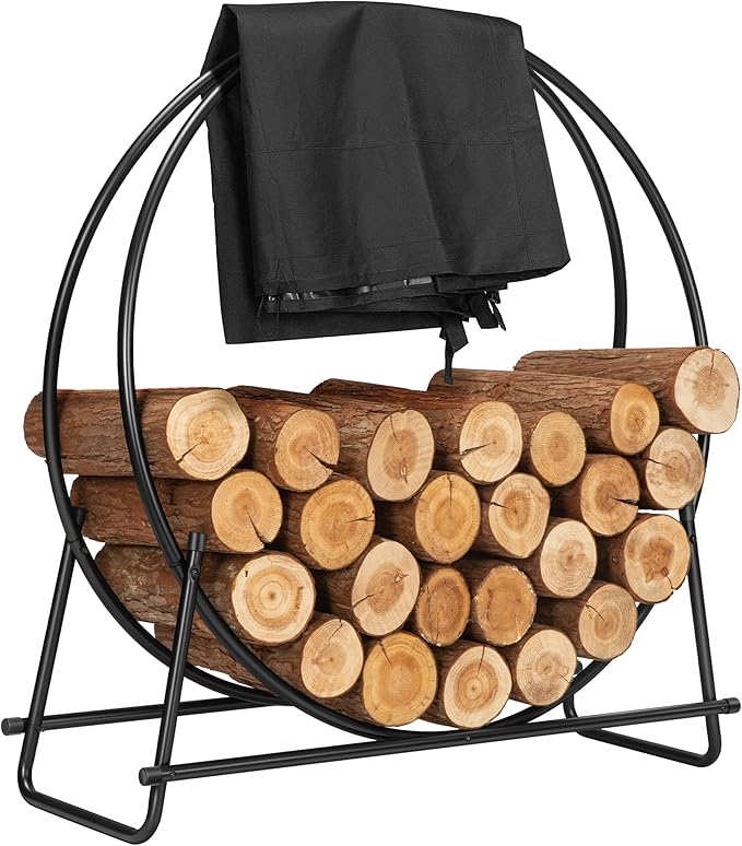VIVOHOME 41 Inches Firewood Log Rack Hoop with Cover, Heavy Duty Solid Steel Fire Wood Storage Rack and Cover Set with Zipper, Round Log Holder Ring for Indoor Outdoor Patio Deck Porch
