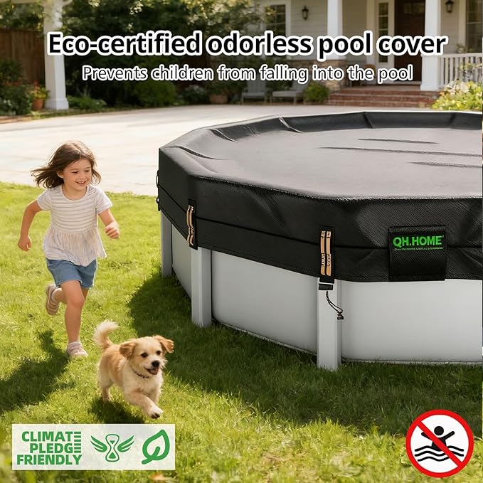 QH.HOME 550D Pool Cover 15 Ft Round[Upgraded Tear-Proof & Threefold Windproof] wth Pre-Installed Winch and Rope-Durable 4 Foot Overlap & Extra-Thick for Steel WALL Pool Cover for Above Ground Pool