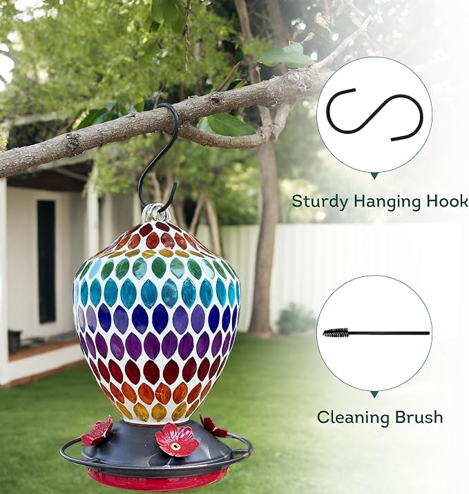Lily's Home Mosaic Glass Hummingbird Feeder 35oz - Colorful Garden Décor - Easy Refill Wide-Mouth - Includes S Hook & Brush for Bird Lovers - Measures 5.9’’x5.9’’x8.3’’