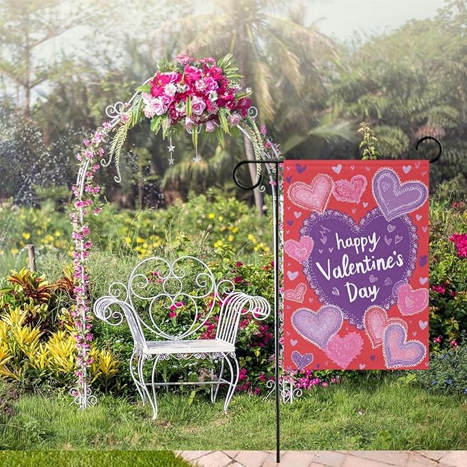 Pfrewn Valentine Garden Flag 12 x 18 Double Sided, Retro Pink and Lavender Hearts House Yard Flags Welcome Spring Outdoor Indoor Banner for Wedding Party Home Decorations