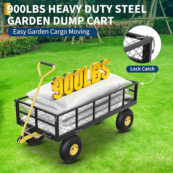 GarveeLife 900 LBS Garden Dump Cart with Removable Sidewalls, Heavy Duty Steel Dump Wagon with 180° Swivel Handle & 10 in Tires, Yard Cart Utility Wheelbarrow for Backyard Farm