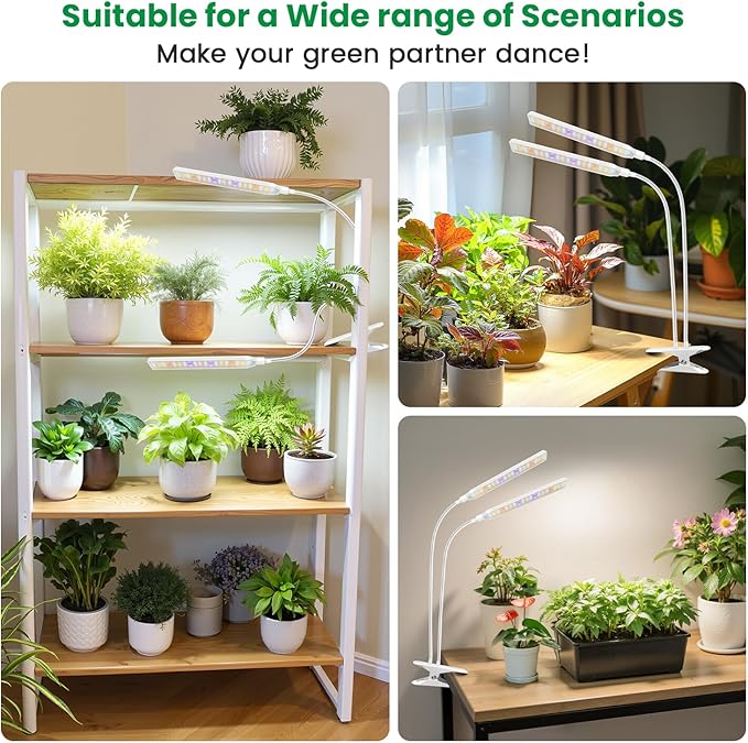 Aumtrly Plant Lights for Indoor Growing, 2 Head 114 LED Full Spectrum Clip on Grow Lights for Indoor Plants with 6/12/16H Timer, 5 Dimming, 3 Light Mode, White Gooseneck Grow Lamp