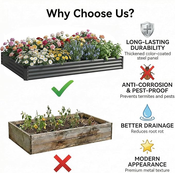 2PCS 6x3x1 FT Rectangle Metal Raised Garden Bed Kit, Elevated Garden Planter Box Outdoor, Large Planters for Outdoor Plants, Flower, Vegetables, Fruit, Herbs (Dark Gray)