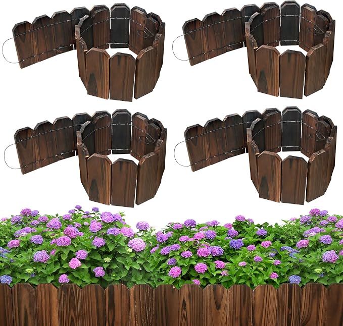 Mulctun Wood Garden Edging - 5.9" H X 47" L Sturdy Wooden Landscape Edging, Small Flower Bed Edging Borders, Decorative Wooden Garden Fence for Yard Flower Bed Lawns Pathway Tree (4 Packs)