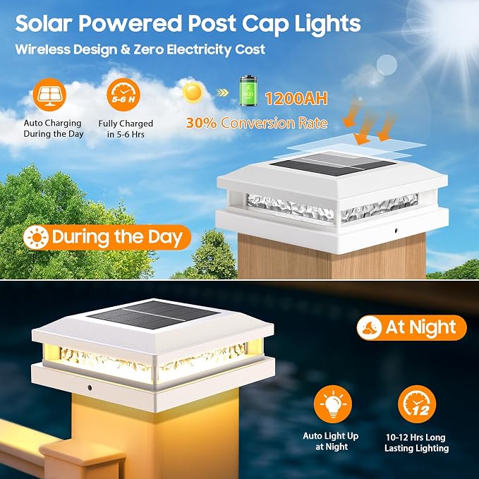 Bosceos Solar Post Lights 8-Pack, 2 Color Modes 16LEDs Outdoor Decorative Post Cap Lights, Waterproof Solar-Powered Fence Posts Light, Fit 4x4, 5x5 Vinyl/Wooden Posts in Garden Yard Porch Deck, White