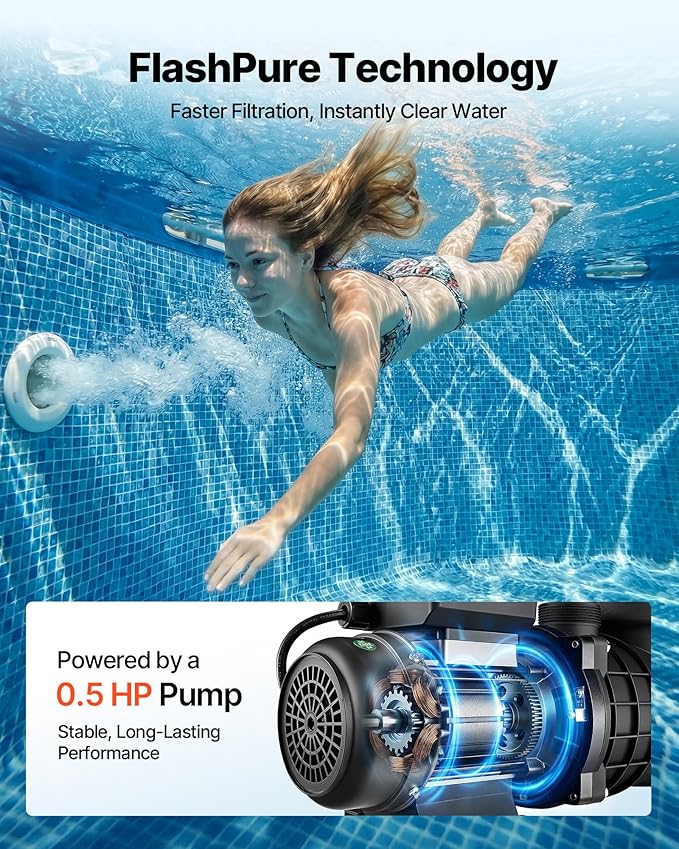 VEVOR FlashPure Sand Filter Pump, 12 in for Above Ground Pool, 0.5 HP 3000 GPH, Swimming Pool Filter System with Timer, 6X Faster Filtration, Media Installed, Leak-Resistant, Ready to Use Out of Box